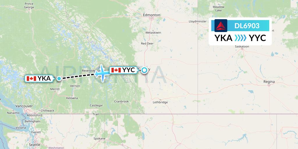 DL6903 Delta Air Lines Flight Map: Kamloops to Calgary
