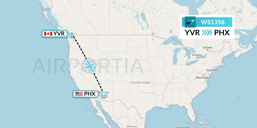 WS1356 WestJet Flight Map: Vancouver to Phoenix