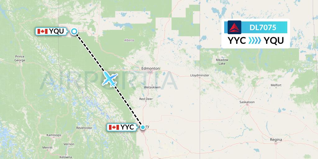 DL7075 Delta Air Lines Flight Map: Calgary to Grande Prairie