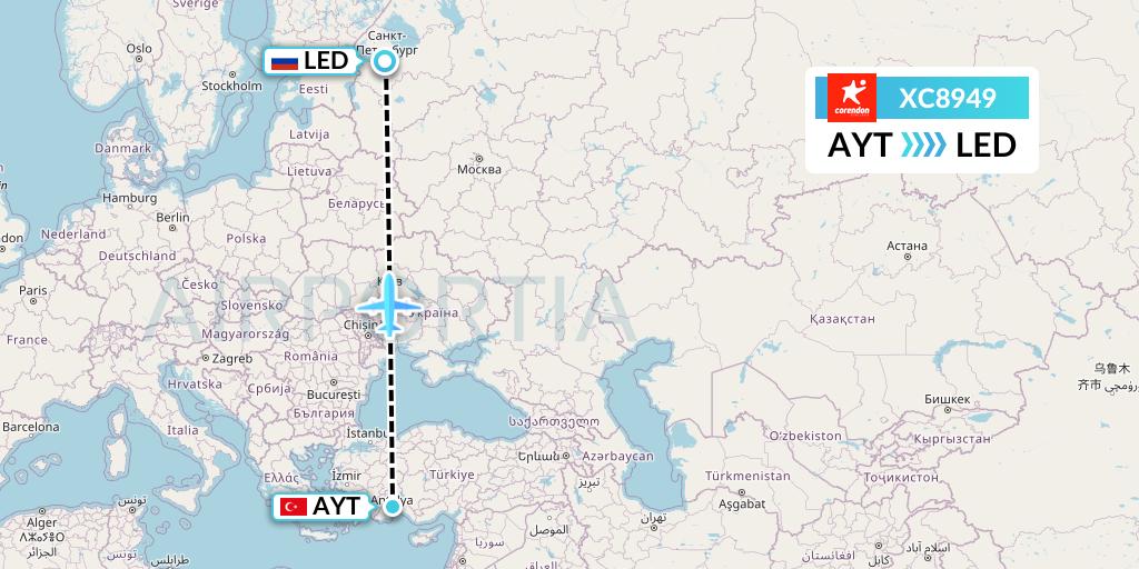 XC8949 Corendon Airlines Flight Map: Antalya to St. Petersburg