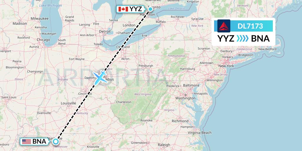 DL7173 Delta Air Lines Flight Map: Toronto to Nashville