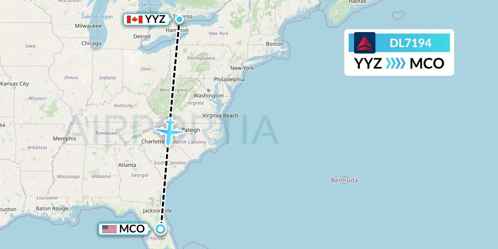 DL7194 Delta Air Lines Flight Map: Toronto to Orlando