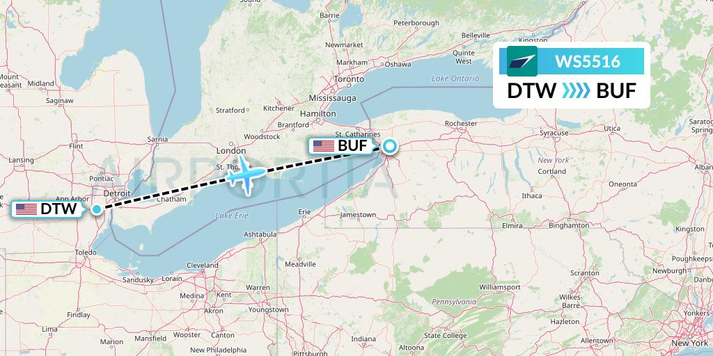 WS5516 WestJet Flight Map: Detroit to Buffalo