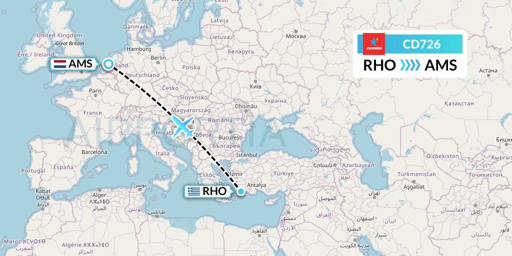 CD726 Dutch Corendon Airlines Flight Map: Rhodes to Amsterdam