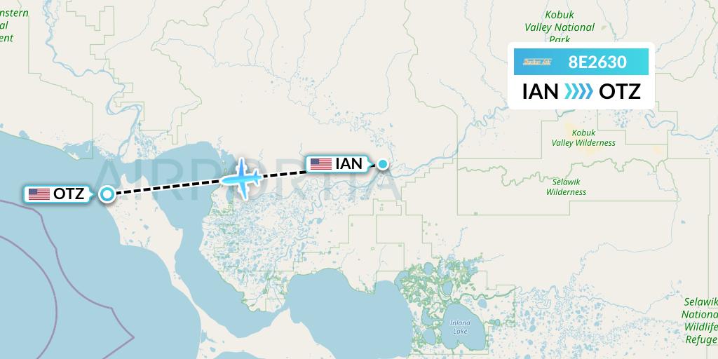 8E2630 Bering Air Flight Map: Kiana to Kotzebue