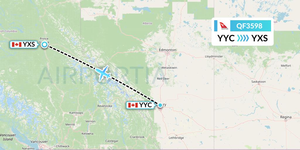 QF3598 Qantas Flight Map: Calgary to Prince George