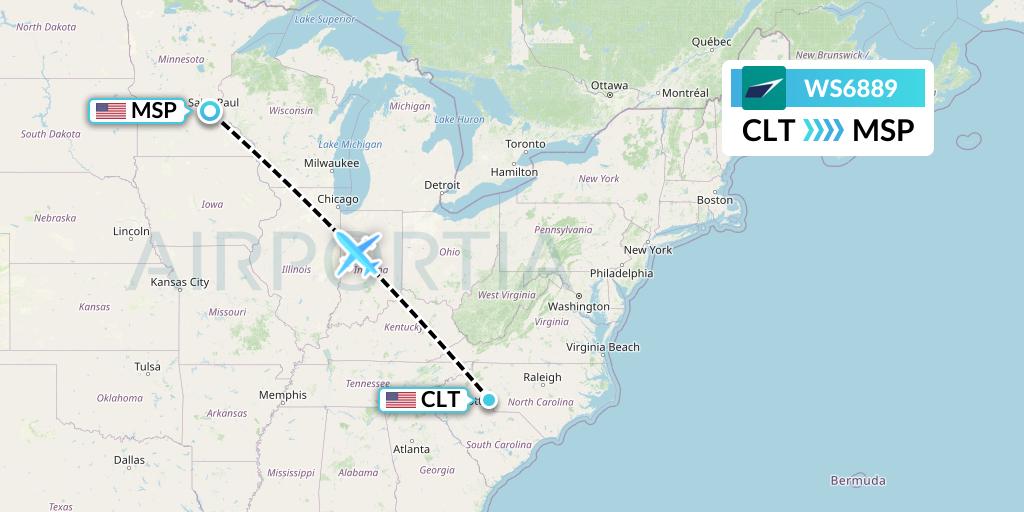 WS6889 WestJet Flight Map: Charlotte to Minneapolis