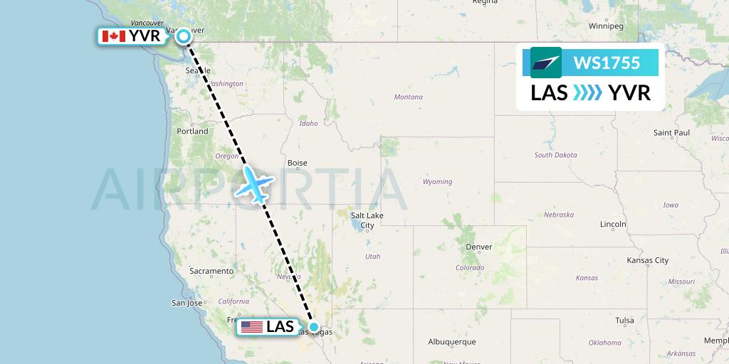 WS1755 WestJet Flight Map: Las Vegas to Vancouver