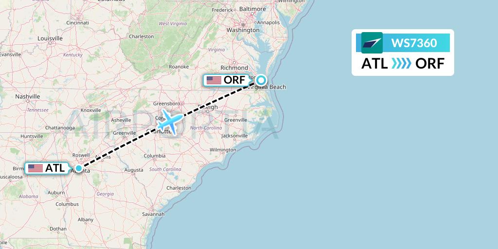 WS7360 WestJet Flight Map: Atlanta to Norfolk
