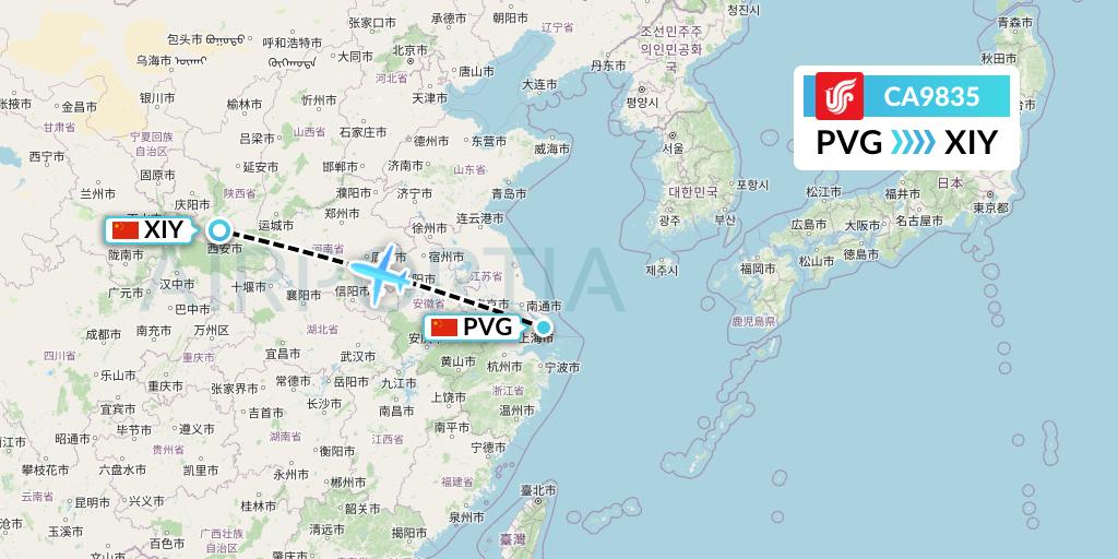 CA9835 Air China Flight Map: Shanghai to Xi'an