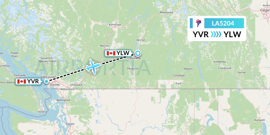 LA5204 LAN Airlines Flight Map: Vancouver to Kelowna