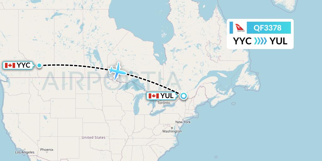 QF3378 Qantas Flight Map: Calgary to Montreal