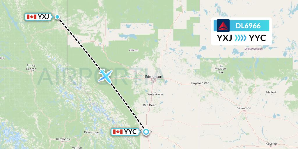 DL6966 Delta Air Lines Flight Map: Fort St. John to Calgary