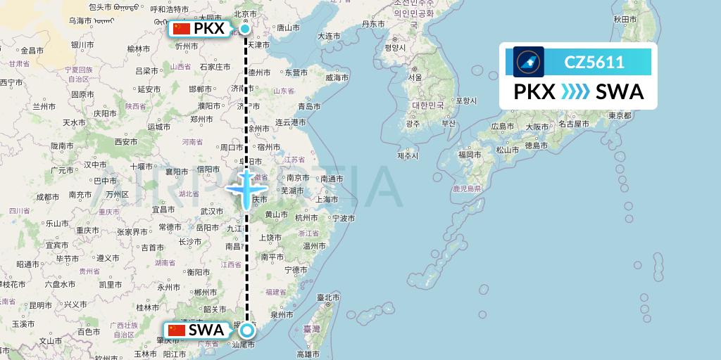 CZ5611 China Southern Airlines Flight Map: Beijing to Jieyang