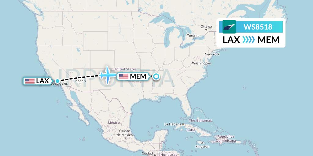 WS8518 WestJet Flight Map: Los Angeles to Memphis