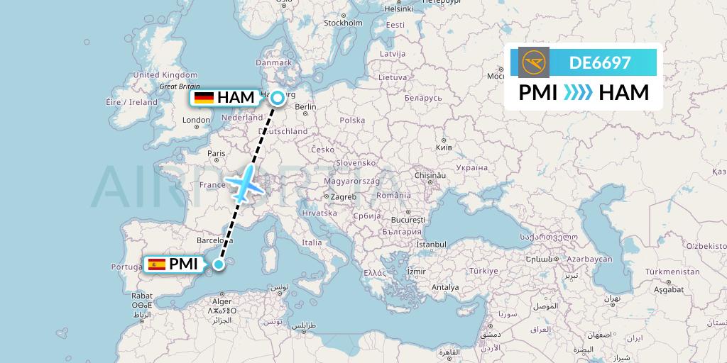DE6697 Condor Flight Map: Palma de Mallorca to Hamburg