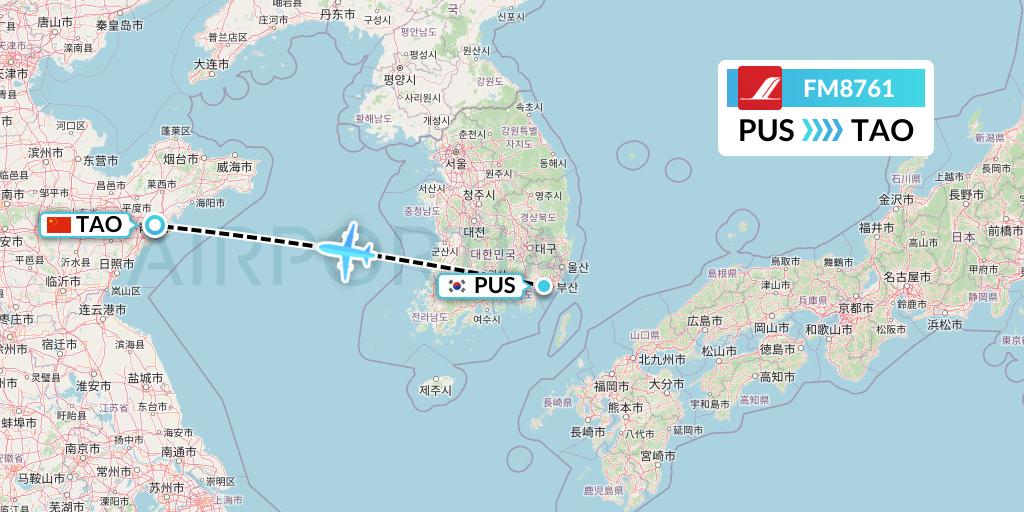 FM8761 Shanghai Airlines Flight Map: Busan to Qingdao