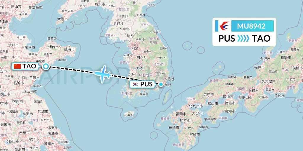 MU8942 China Eastern Airlines Flight Map: Busan to Qingdao