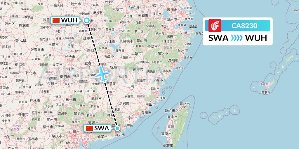 CA8230 Air China Flight Map: Jieyang to Wuhan