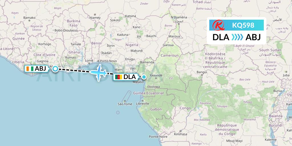 KQ598 Kenya Airways Flight Map: Douala to Abidjan