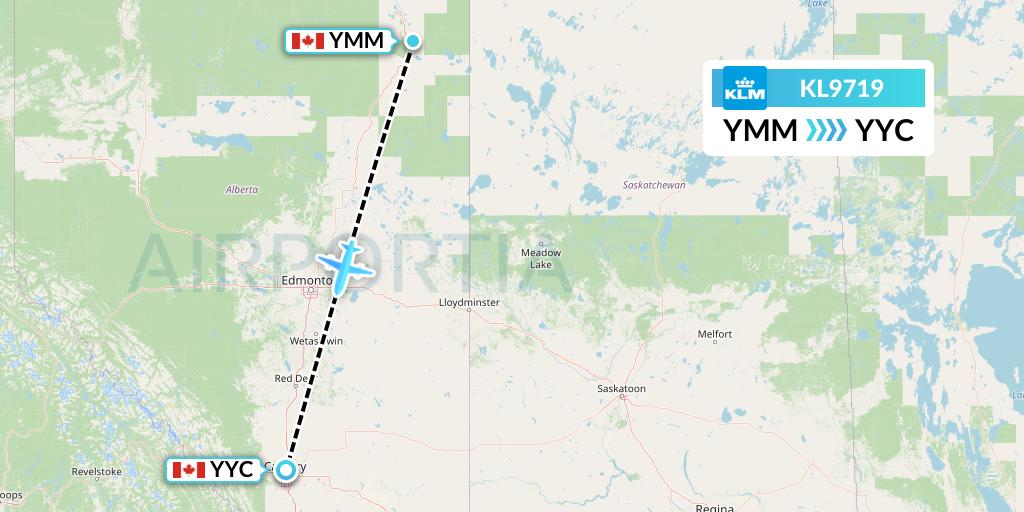 KL9719 KLM Flight Map: Fort McMurray to Calgary