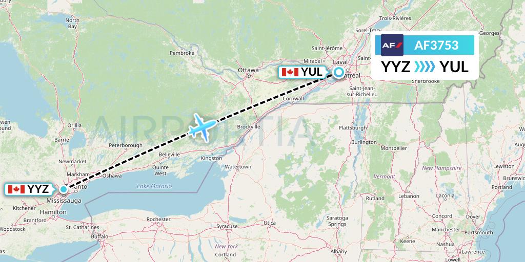 AF3753 Air France Flight Map: Toronto to Montreal