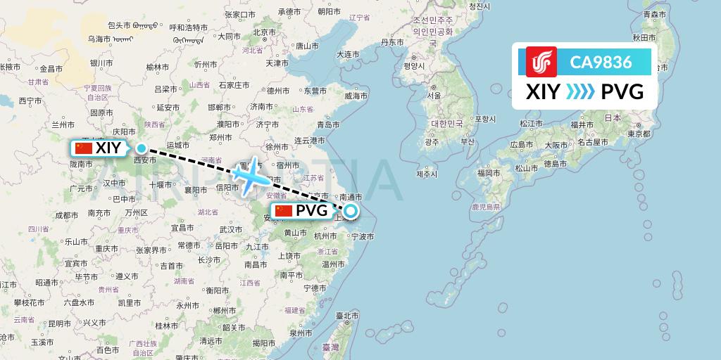 CA9836 Air China Flight Map: Xi'an to Shanghai