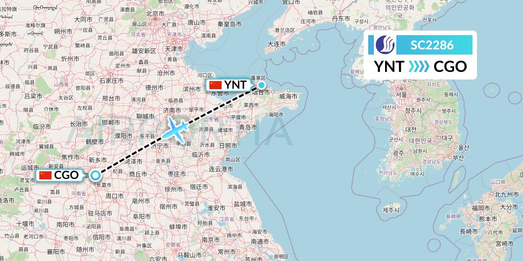 SC2286 Shandong Airlines Flight Map: Yantai to Zhengzhou