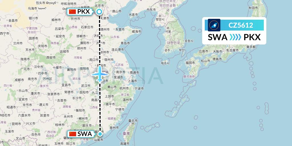 CZ5612 China Southern Airlines Flight Map: Jieyang to Beijing
