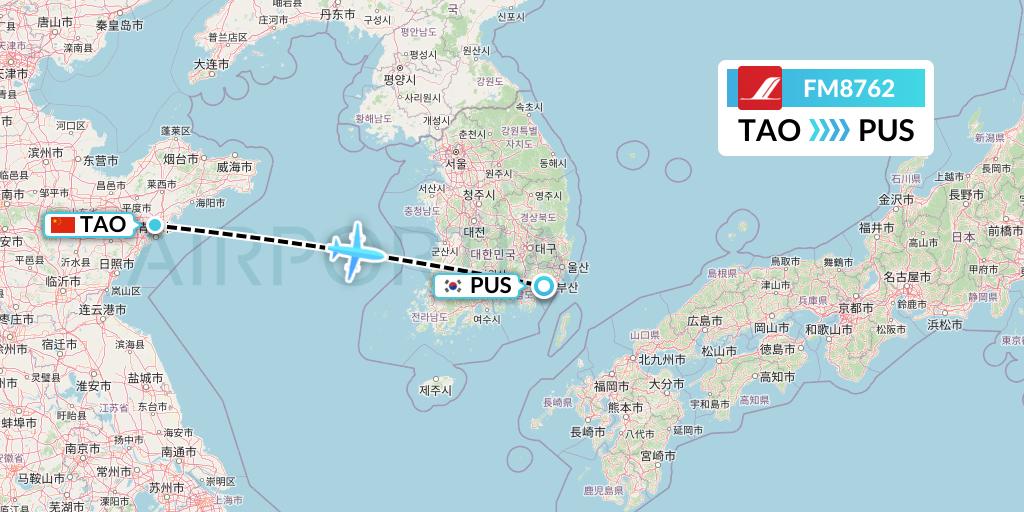 FM8762 Shanghai Airlines Flight Map: Qingdao to Busan