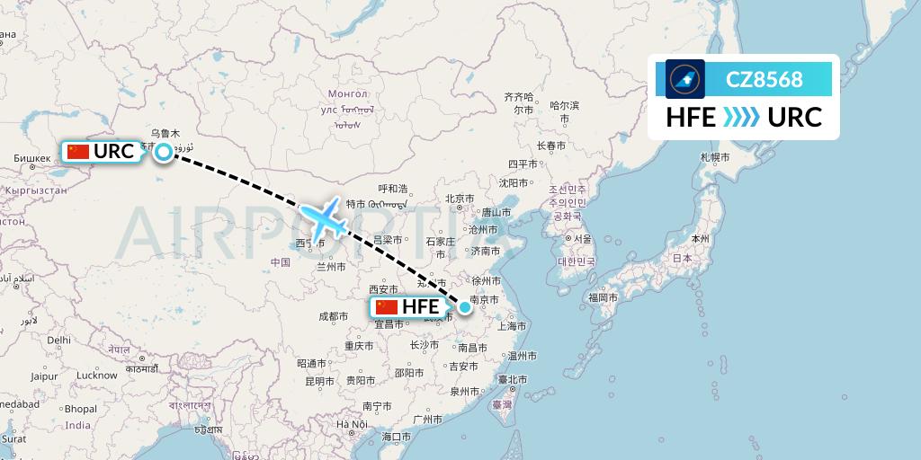 CZ8568 China Southern Airlines Flight Map: Hefei to Urumqi