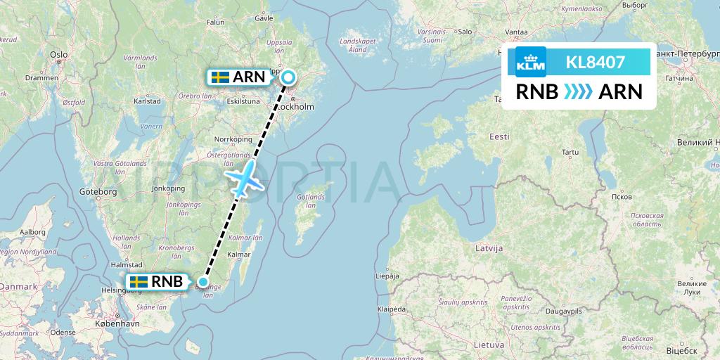 KL8407 KLM Flight Map: Ronneby to Stockholm