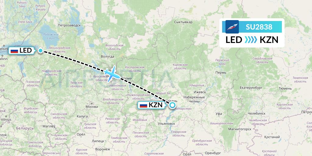 SU2838 Aeroflot Flight Map: St. Petersburg to Kazan