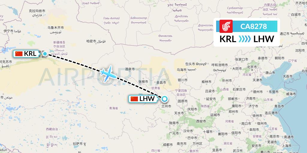 CA8278 Air China Flight Map: Korla to Lanzhou