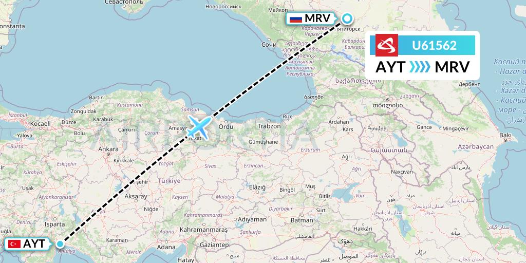 U61562 Ural Airlines Flight Map: Antalya to Mineralnye Vody