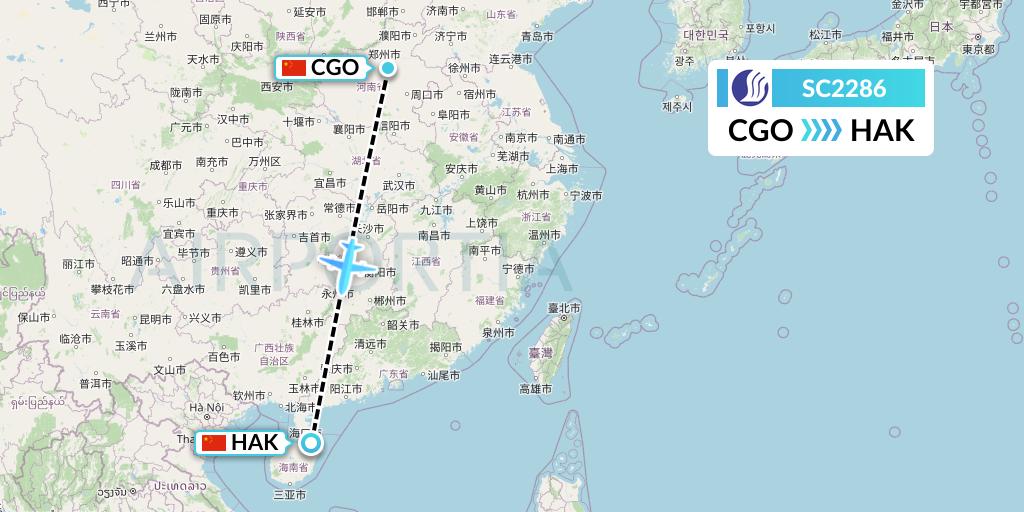 SC2286 Shandong Airlines Flight Map: Zhengzhou to Haikou