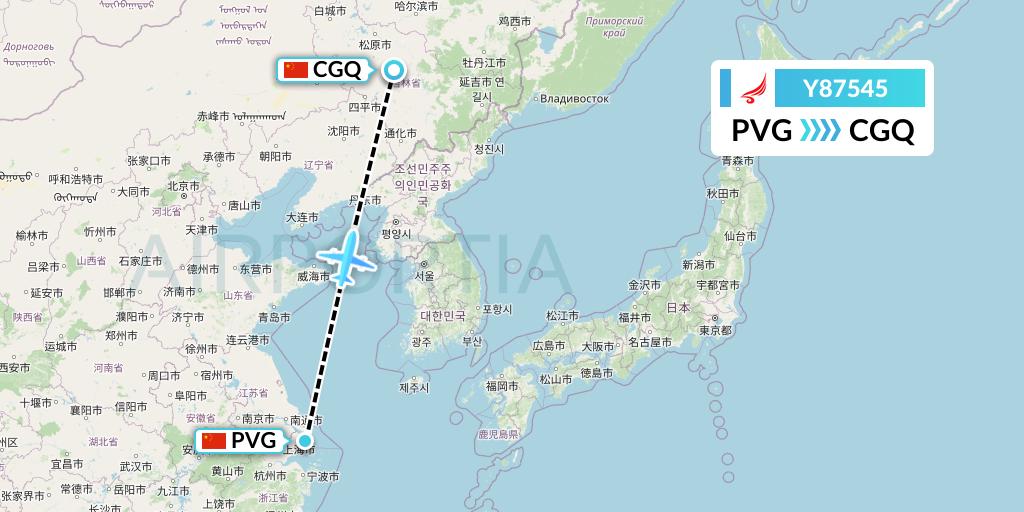 Y87545 Yangtze River Express Flight Map: Shanghai to Changchun