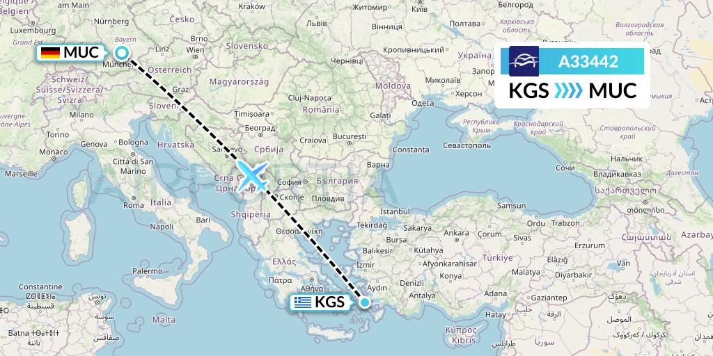A33442 Aegean Airlines Flight Map: Kos to Munich