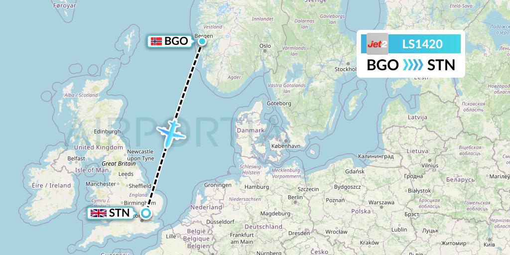 LS1420 Jet2 Flight Map: Bergen to London