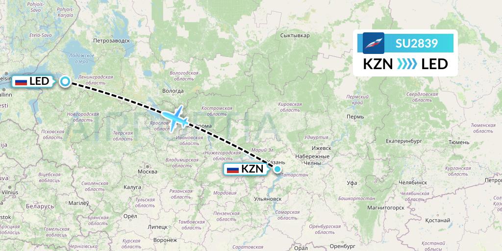 SU2839 Aeroflot Flight Map: Kazan to St. Petersburg