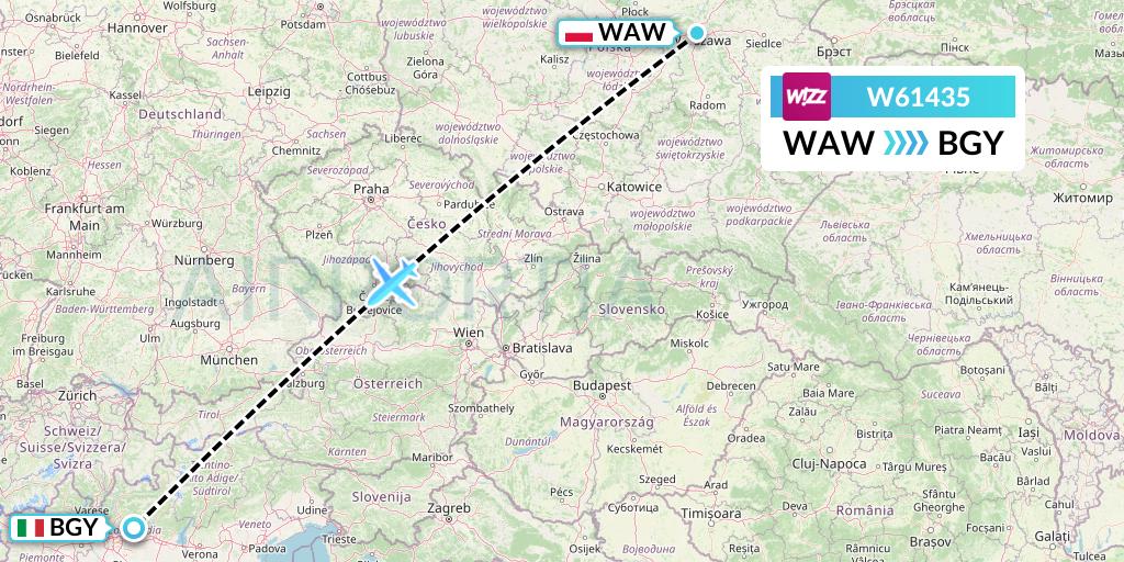 W61435 Wizz Air Flight Map: Warsaw to Milan