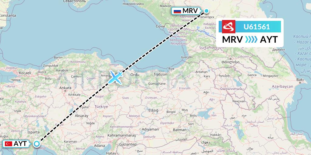 U61561 Ural Airlines Flight Map: Mineralnye Vody to Antalya