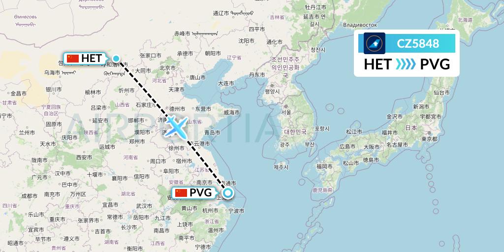 CZ5848 China Southern Airlines Flight Map: Hohhot to Shanghai