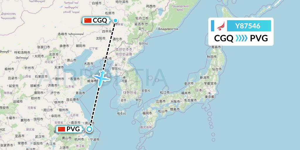 Y87546 Yangtze River Express Flight Map: Changchun to Shanghai