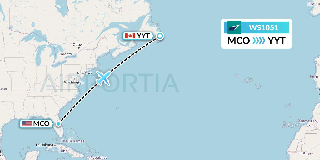 WS1051 WestJet Flight Map: Orlando to St. John's