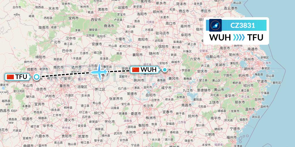 CZ3831 China Southern Airlines Flight Map: Wuhan to Chengdu