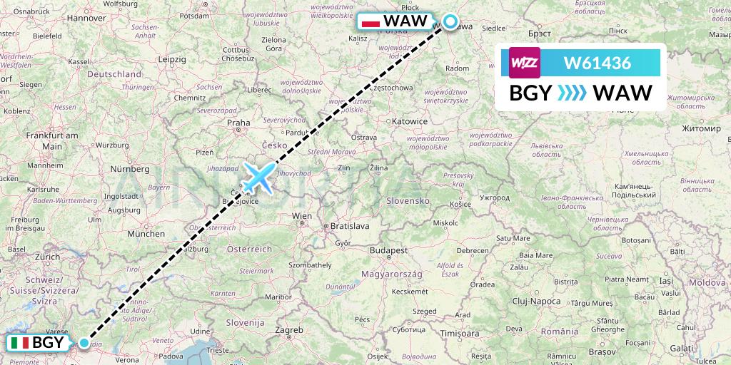 W61436 Wizz Air Flight Map: Milan to Warsaw