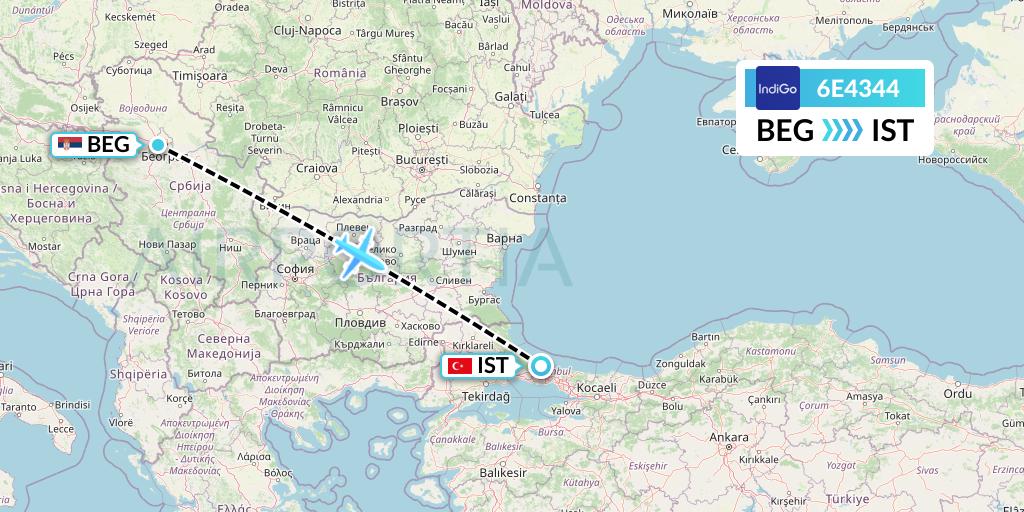 6E4344 IndiGo Airlines Flight Map: Belgrade to Istanbul