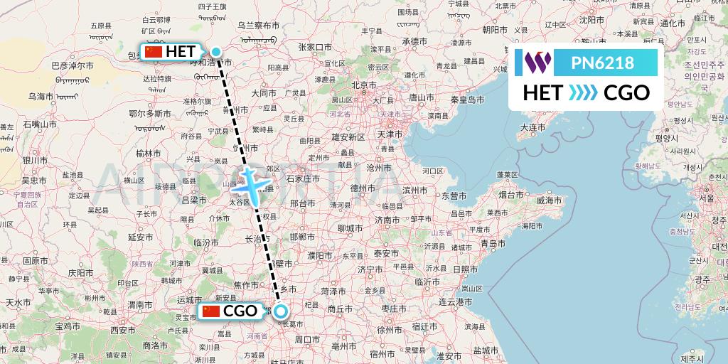 PN6218 China West Air Flight Map: Hohhot to Zhengzhou