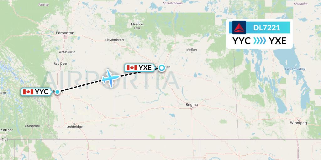 DL7221 Delta Air Lines Flight Map: Calgary to Saskatoon